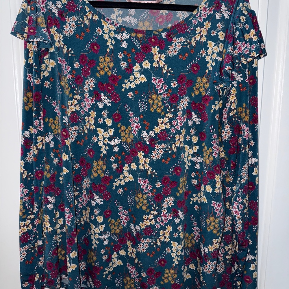 Floral Long-Sleeve Scoop Neck Top - Teal/Multi
